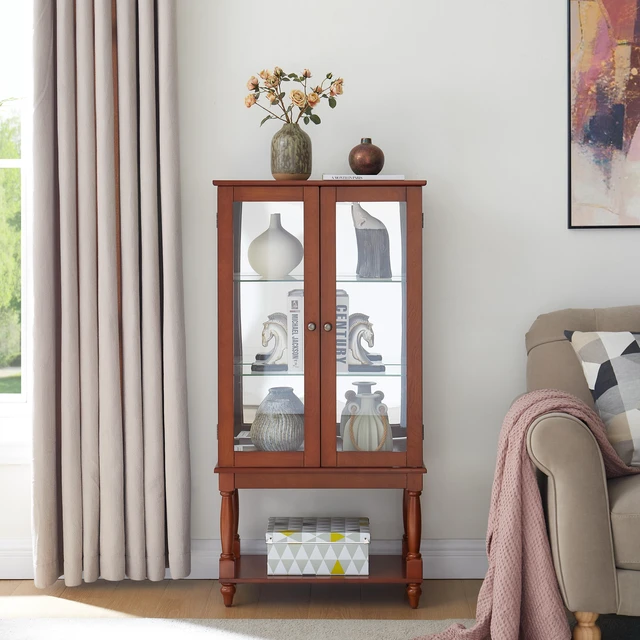 Alt view image 2 of 5 - Curio Cabinet Lighted Curio Display Cabinet with Open Storage Space, Solid Wood Legs and Adjustable Shelves Acrylic
