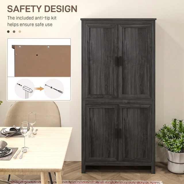 Alt view image 4 of 7 - 64 Inch Kitchen Pantry Cabinet, Freestanding Storage Cabinet with 4 Doors and Adjustable Shelves for Dining, Gray