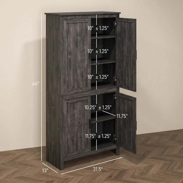 Alt view image 7 of 7 - 64 Inch Kitchen Pantry Cabinet, Freestanding Storage Cabinet with 4 Doors and Adjustable Shelves for Dining, Gray