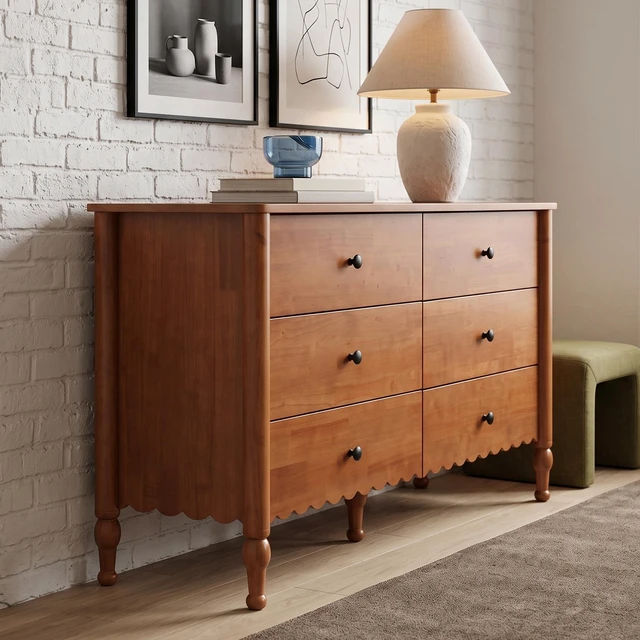 Alt view image 4 of 7 - 55 Inch Drawer Dresser, Living and Wooden Double Chest 6 Drawers Solid Wood Legs Lacquered Sideboard Buffet Cabinet