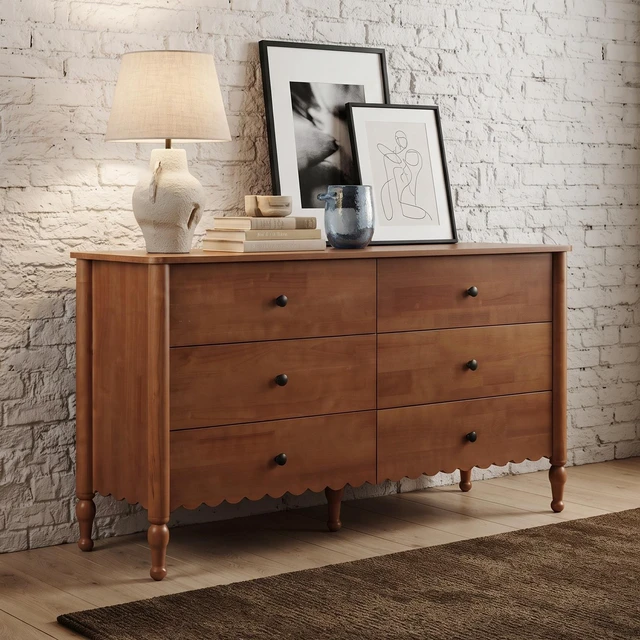 Alt view image 3 of 7 - 55 Inch Drawer Dresser, Living and Wooden Double Chest 6 Drawers Solid Wood Legs Lacquered Sideboard Buffet Cabinet