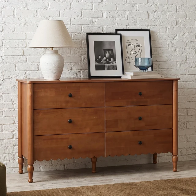 Alt view image 2 of 7 - 55 Inch Drawer Dresser, Living and Wooden Double Chest 6 Drawers Solid Wood Legs Lacquered Sideboard Buffet Cabinet