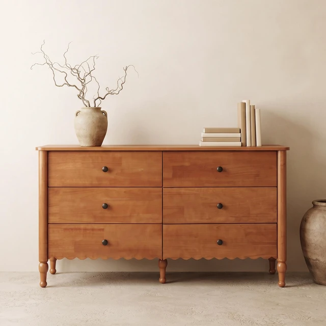 Alt view image 6 of 7 - 55 Inch Drawer Dresser, Living and Wooden Double Chest 6 Drawers Solid Wood Legs Lacquered Sideboard Buffet Cabinet