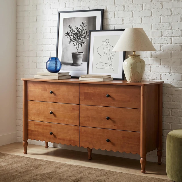 Alt view image 5 of 7 - 55 Inch Drawer Dresser, Living and Wooden Double Chest 6 Drawers Solid Wood Legs Lacquered Sideboard Buffet Cabinet
