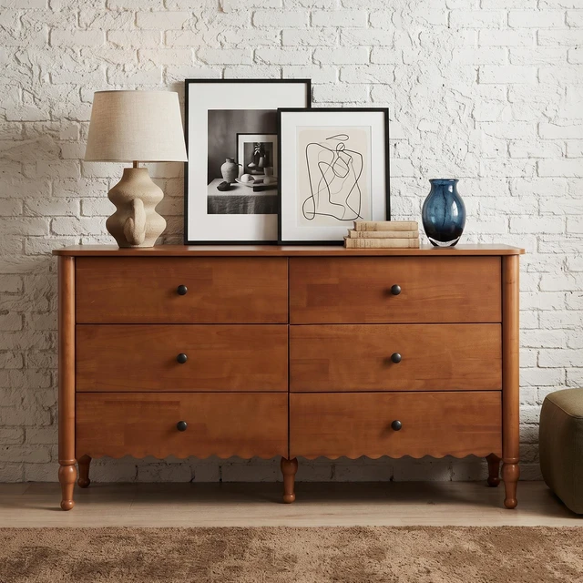 Main image of 55 Inch Drawer Dresser, Living and Wooden Double Chest 6 Drawers Solid Wood Legs Lacquered Sideboard Buffet Cabinet