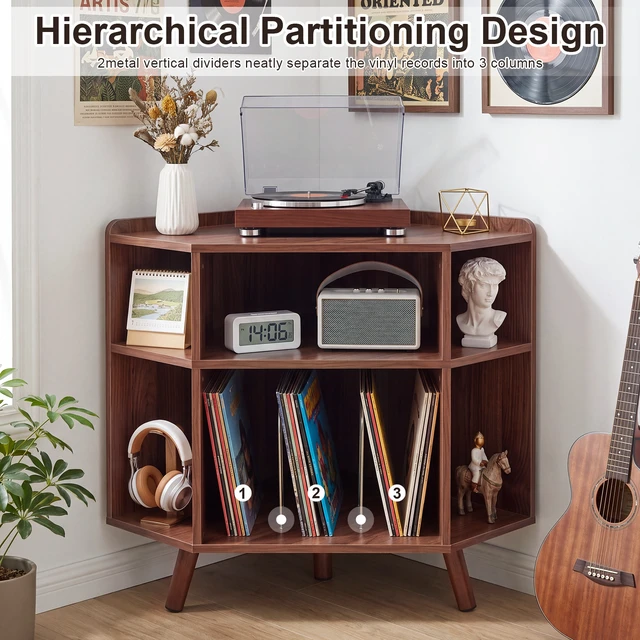 Alt view image 2 of 7 - 3 Tier Mid Century Corner Record Player Stand, Turntable Corner Cabinet with Charging Station and USB Ports Small Vinyl