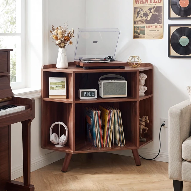 Main image of 3 Tier Mid Century Corner Record Player Stand, Turntable Corner Cabinet with Charging Station and USB Ports Small Vinyl