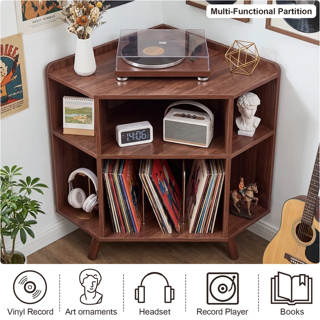Alt view image 5 of 7 - 3 Tier Mid Century Corner Record Player Stand, Turntable Corner Cabinet with Charging Station and USB Ports Small Vinyl