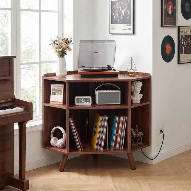 Alt view image 3 of 7 - 3 Tier Mid Century Corner Record Player Stand, Turntable Corner Cabinet with Charging Station and USB Ports Small Vinyl