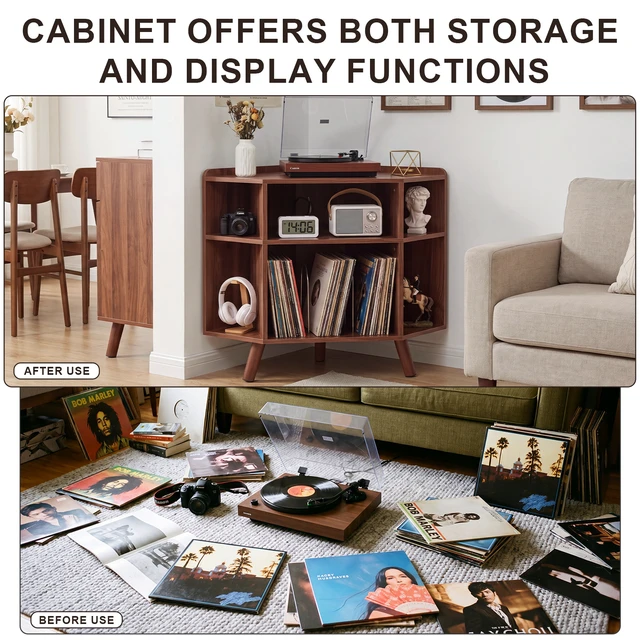 Alt view image 6 of 7 - 3 Tier Mid Century Corner Record Player Stand, Turntable Corner Cabinet with Charging Station and USB Ports Small Vinyl