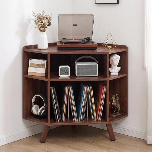 Alt view image 7 of 7 - 3 Tier Mid Century Corner Record Player Stand, Turntable Corner Cabinet with Charging Station and USB Ports Small Vinyl