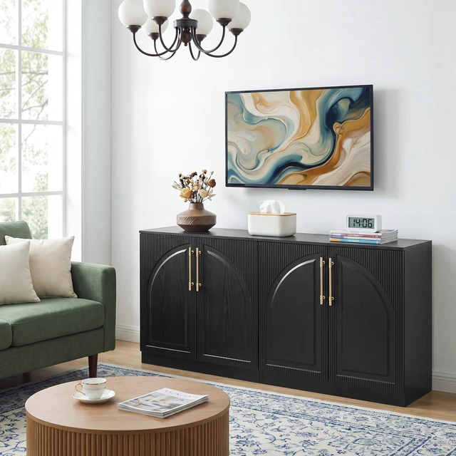 Alt view image 4 of 7 - 31.5 Inch Buffet Cabinet with Storage, Fluted Coffee Bar Cabinet Arc Sideboard Credenza Console Table for Dining