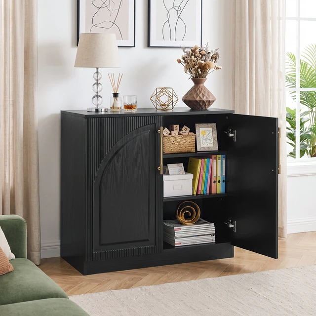 Alt view image 2 of 7 - 31.5 Inch Buffet Cabinet with Storage, Fluted Coffee Bar Cabinet Arc Sideboard Credenza Console Table for Dining