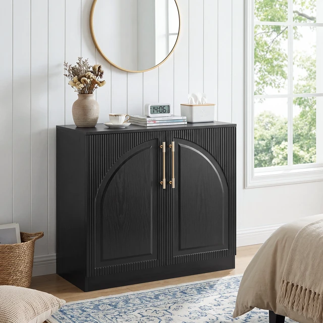 Alt view image 3 of 7 - 31.5 Inch Buffet Cabinet with Storage, Fluted Coffee Bar Cabinet Arc Sideboard Credenza Console Table for Dining