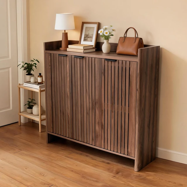 Alt view image 2 of 7 - Entryway Shoe Storage Cabinet with Slatted Doors, Wooden Console Table with Top Display Shelf Mid-Century Accent Chest