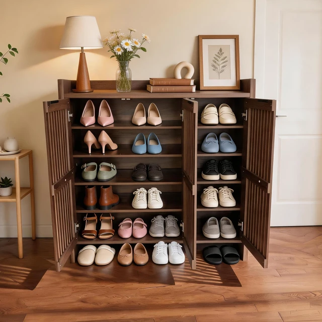 Alt view image 4 of 7 - Entryway Shoe Storage Cabinet with Slatted Doors, Wooden Console Table with Top Display Shelf Mid-Century Accent Chest
