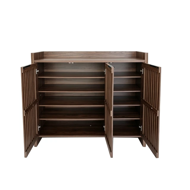 Alt view image 6 of 7 - Entryway Shoe Storage Cabinet with Slatted Doors, Wooden Console Table with Top Display Shelf Mid-Century Accent Chest