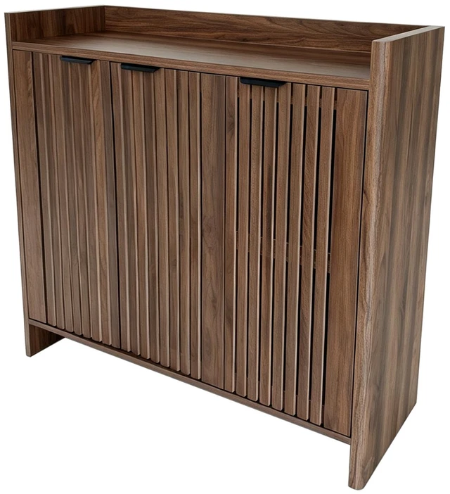 Alt view image 7 of 7 - Entryway Shoe Storage Cabinet with Slatted Doors, Wooden Console Table with Top Display Shelf Mid-Century Accent Chest