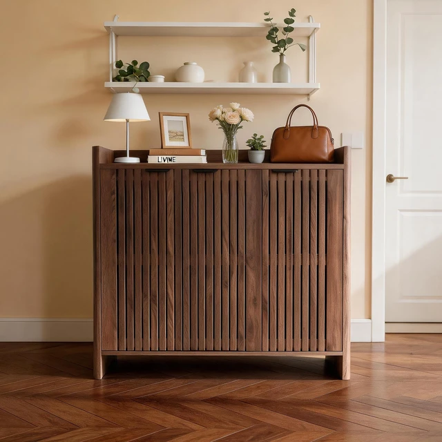 Main image of Entryway Shoe Storage Cabinet with Slatted Doors, Wooden Console Table with Top Display Shelf Mid-Century Accent Chest