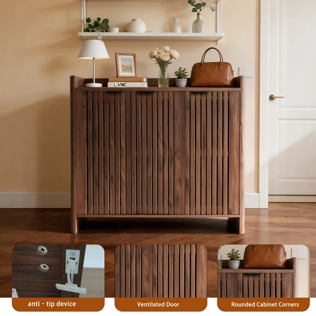 Alt view image 3 of 7 - Entryway Shoe Storage Cabinet with Slatted Doors, Wooden Console Table with Top Display Shelf Mid-Century Accent Chest