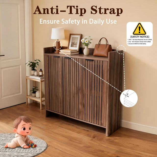 Alt view image 5 of 7 - Entryway Shoe Storage Cabinet with Slatted Doors, Wooden Console Table with Top Display Shelf Mid-Century Accent Chest