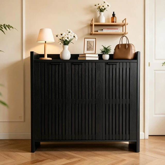 Main image of Entryway Shoe Storage Cabinet with Slatted Doors, Wooden Console Table with Top Display Shelf Accent Chest for Living