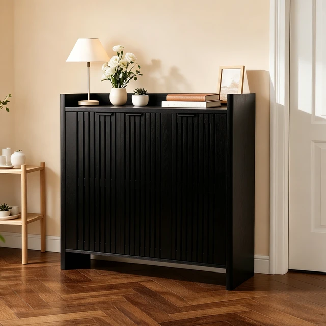 Alt view image 2 of 7 - Entryway Shoe Storage Cabinet with Slatted Doors, Wooden Console Table with Top Display Shelf Accent Chest for Living