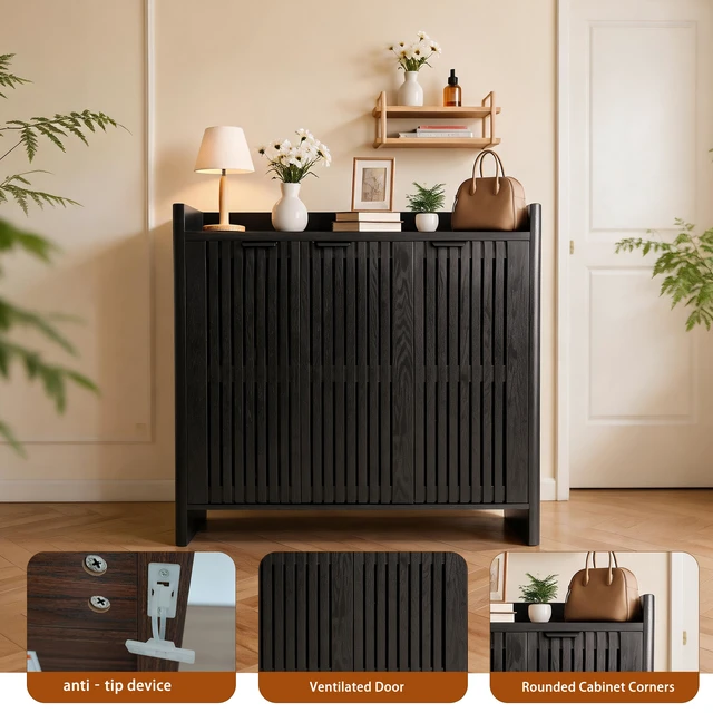 Alt view image 3 of 7 - Entryway Shoe Storage Cabinet with Slatted Doors, Wooden Console Table with Top Display Shelf Accent Chest for Living