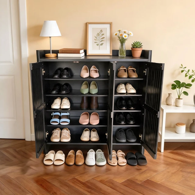 Alt view image 4 of 7 - Entryway Shoe Storage Cabinet with Slatted Doors, Wooden Console Table with Top Display Shelf Accent Chest for Living