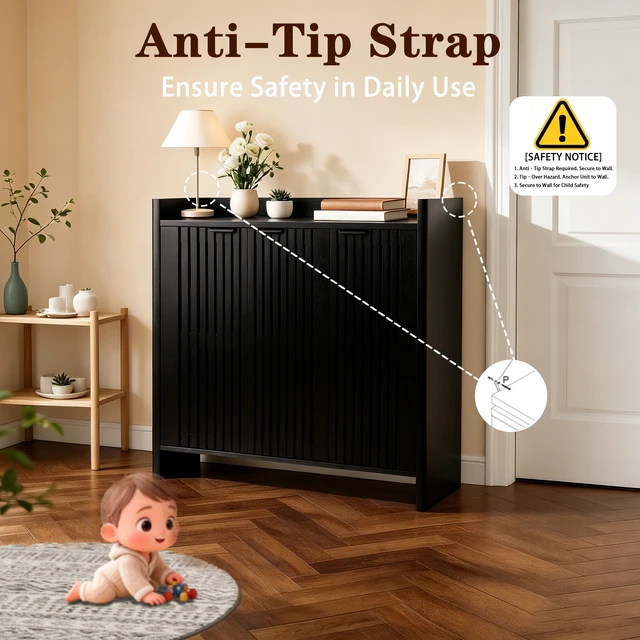 Alt view image 5 of 7 - Entryway Shoe Storage Cabinet with Slatted Doors, Wooden Console Table with Top Display Shelf Accent Chest for Living