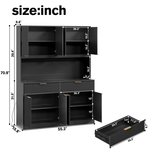 Alt view image 5 of 7 - 71 Inch Tall Kitchen Pantry Cabinet with Power Outlet, Hollow Open Countertop Functional Storage Hutch Cabinet