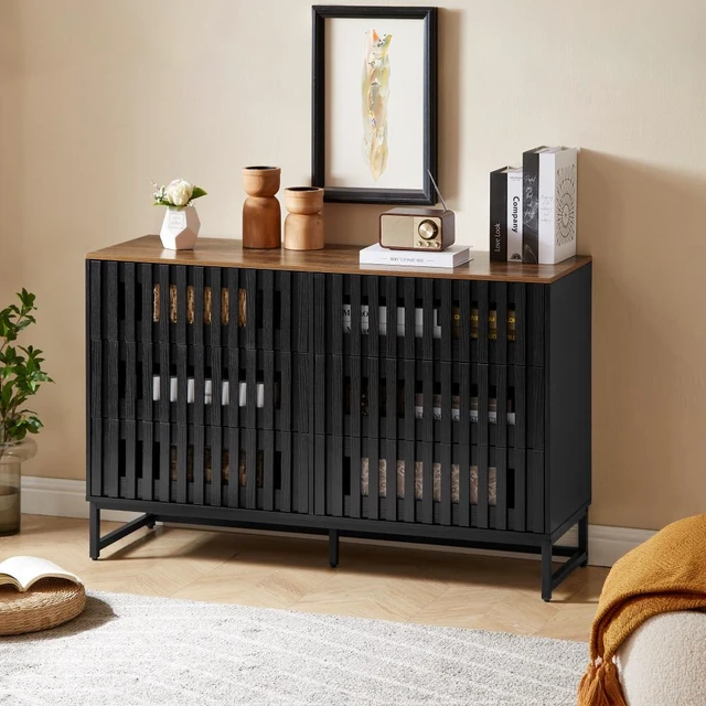 Main image of 6 Drawer Double Dresser with Slatted Grille Striped Drawer, Dresser High MDF and Metal Leg, Black Brown, MDF, Cabinets