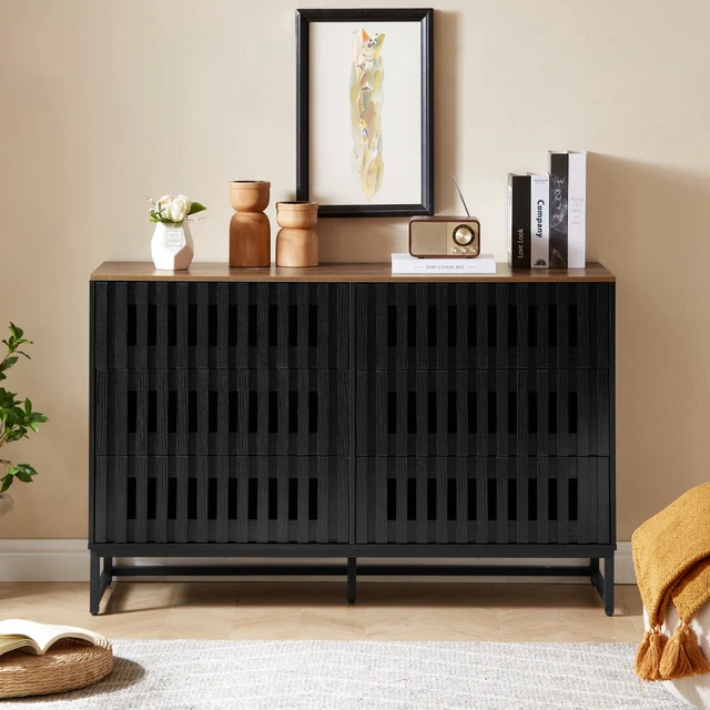 Alt view image 2 of 7 - 6 Drawer Double Dresser with Slatted Grille Striped Drawer, Dresser High MDF and Metal Leg, Black Brown, MDF, Cabinets