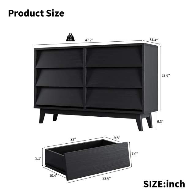 Alt view image 6 of 7 - 6 Drawer Double Dresser Features and Bevel Design, Black, MDF, Cabinets