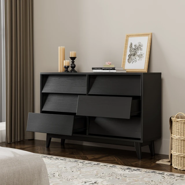 Alt view image 4 of 7 - 6 Drawer Double Dresser Features and Bevel Design, Black, MDF, Cabinets