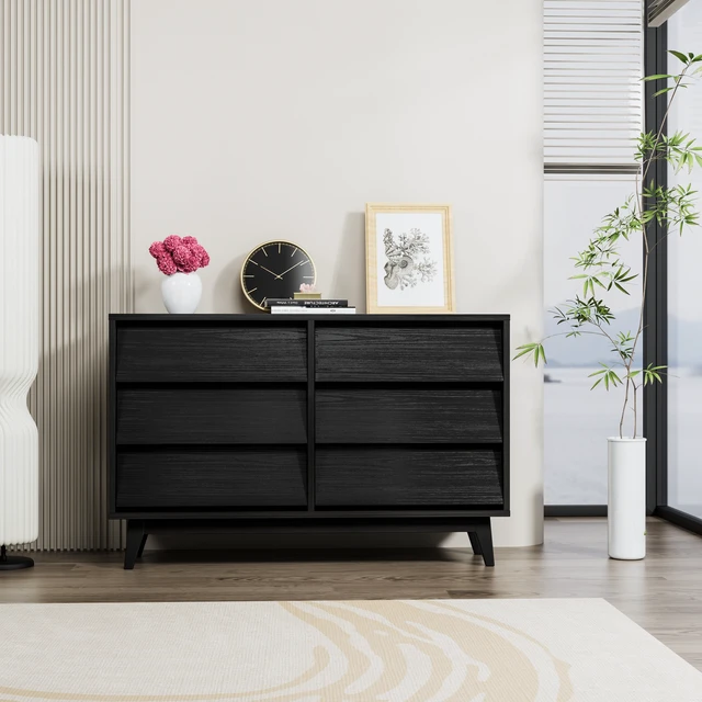 Alt view image 2 of 7 - 6 Drawer Double Dresser Features and Bevel Design, Black, MDF, Cabinets