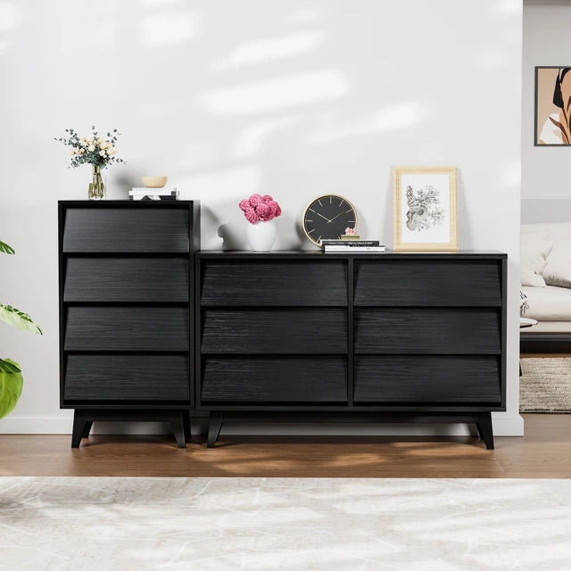 Alt view image 5 of 7 - 6 Drawer Double Dresser Features and Bevel Design, Black, MDF, Cabinets