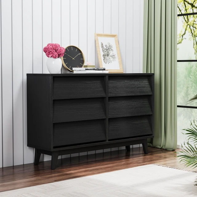 Main image of 6 Drawer Double Dresser Features and Bevel Design, Black, MDF, Cabinets