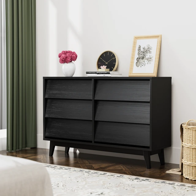 Alt view image 3 of 7 - 6 Drawer Double Dresser Features and Bevel Design, Black, MDF, Cabinets