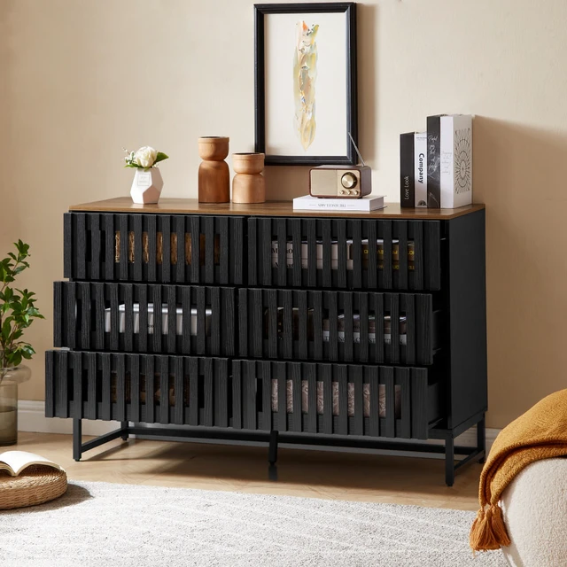 Alt view image 4 of 7 - 6 Drawer Double Dresser with Slatted Grille Striped Drawer, Dresser High MDF and Metal Leg, Black Brown, MDF, Cabinets
