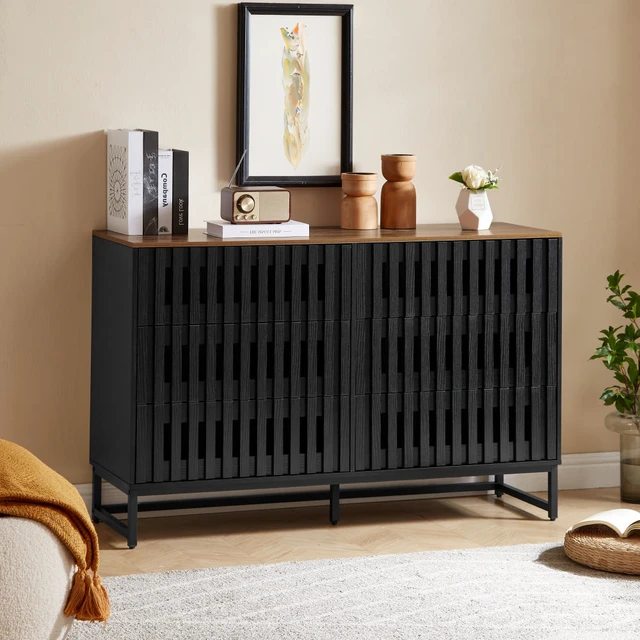 Alt view image 3 of 7 - 6 Drawer Double Dresser with Slatted Grille Striped Drawer, Dresser High MDF and Metal Leg, Black Brown, MDF, Cabinets