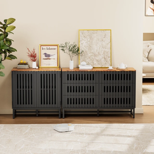Alt view image 5 of 7 - 6 Drawer Double Dresser with Slatted Grille Striped Drawer, Dresser High MDF and Metal Leg, Black Brown, MDF, Cabinets