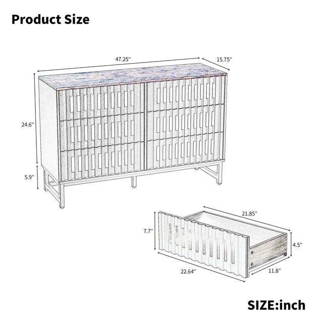 Alt view image 7 of 7 - 6 Drawer Double Dresser with Slatted Grille Striped Drawer, Dresser High MDF and Metal Leg, Black Brown, MDF, Cabinets