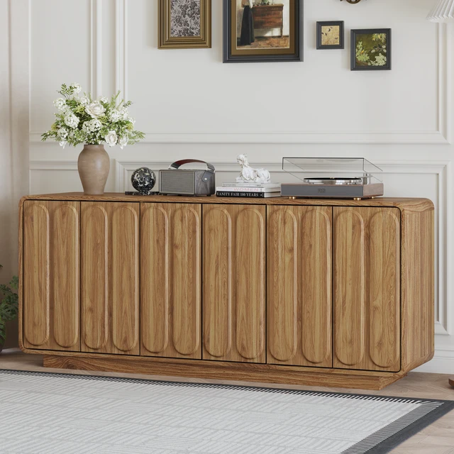 Alt view image 2 of 7 - Door Sideboard Cabinet, Curved Textured Cabinet Doors Wooden Storage Buffet Credenza with Adjustable Shelves Large