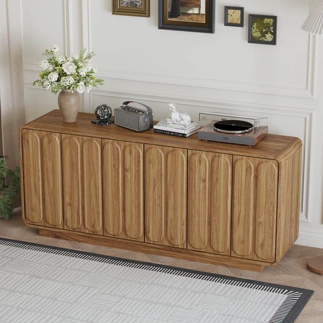 Alt view image 3 of 7 - Door Sideboard Cabinet, Curved Textured Cabinet Doors Wooden Storage Buffet Credenza with Adjustable Shelves Large