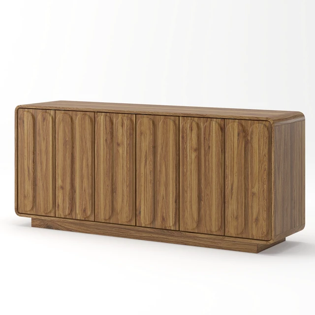 Alt view image 7 of 7 - Door Sideboard Cabinet, Curved Textured Cabinet Doors Wooden Storage Buffet Credenza with Adjustable Shelves Large