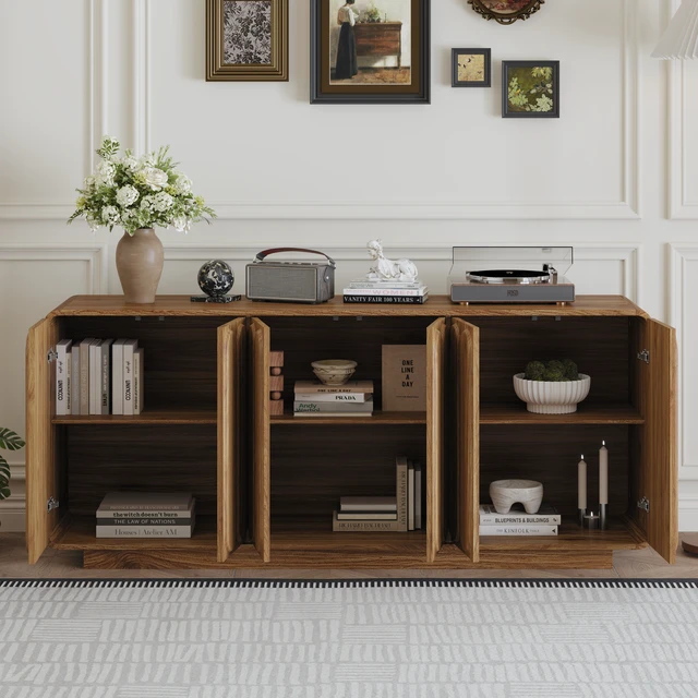 Alt view image 4 of 7 - Door Sideboard Cabinet, Curved Textured Cabinet Doors Wooden Storage Buffet Credenza with Adjustable Shelves Large
