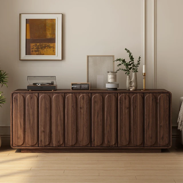 Main image of Door Sideboard Cabinet, Curved Textured Cabinet Doors Wooden Storage Buffet Credenza with Adjustable Shelves Large