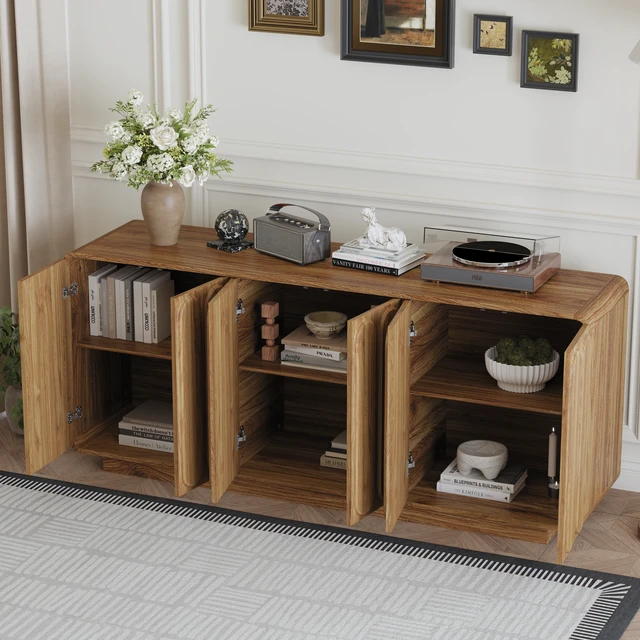 Alt view image 5 of 7 - Door Sideboard Cabinet, Curved Textured Cabinet Doors Wooden Storage Buffet Credenza with Adjustable Shelves Large
