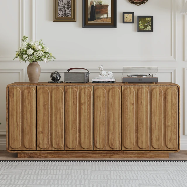 Main image of Door Sideboard Cabinet, Curved Textured Cabinet Doors Wooden Storage Buffet Credenza with Adjustable Shelves Large